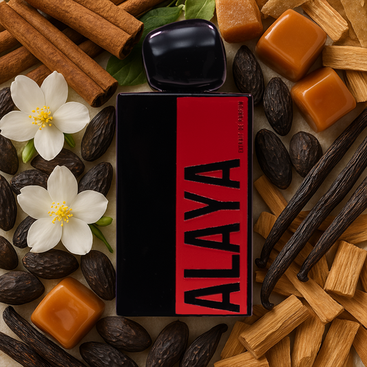 NIMORI ALAYA Duftinspiration – visuelles Moodbild der natürlichen Inhaltsstoffe: Zimt, Tonkabohne, Praline und cremiges Sandelholz. Warmer, sinnlicher Duft mit Gourmand-Charakter.