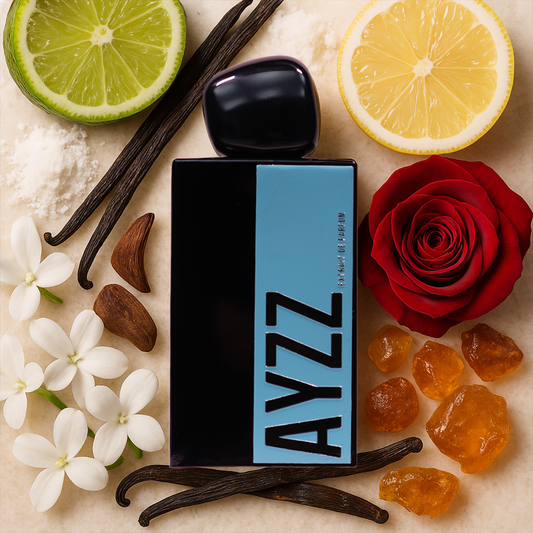 AYZZ Duftinspiration – strahlendes Flatlay mit Bergamotte, italienischer Zitrone, Vanille, Amber und türkischer Rose. Ein sonniger Duft voller Klarheit und feiner Süße.